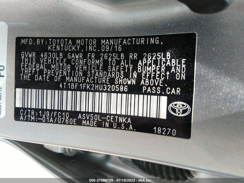 2017 TOYOTA CAMRY XLE/SE/LE/XSE - 4T1BF1FK2HU320586