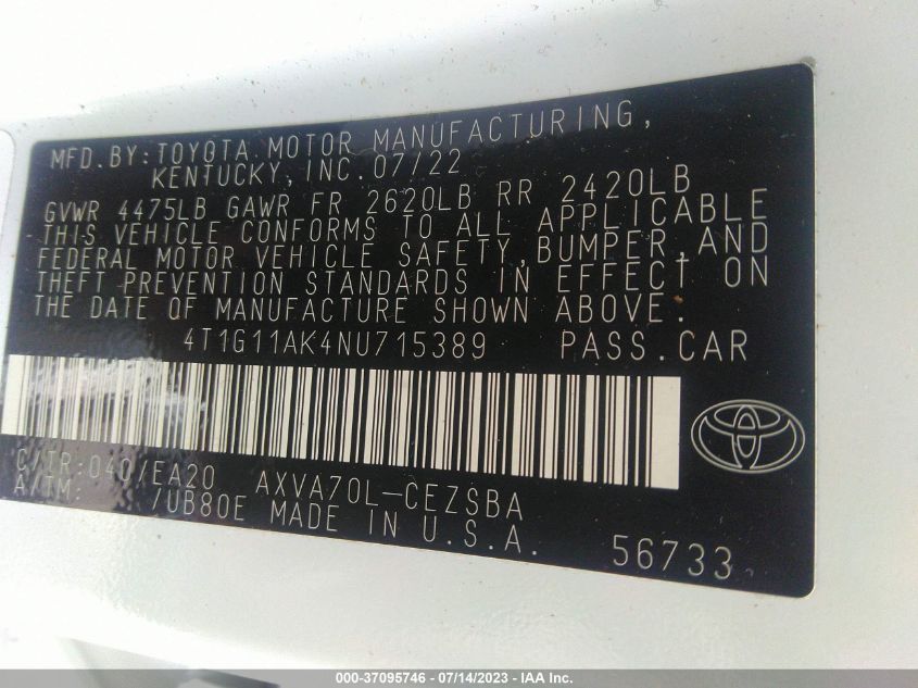 2022 TOYOTA CAMRY SE - 4T1G11AK4NU715389