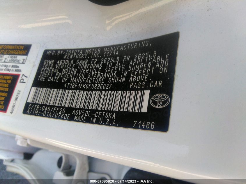 2015 TOYOTA CAMRY XLE/SE/LE/XSE - 4T1BF1FK0FU896027