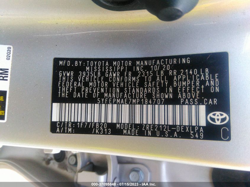 2021 TOYOTA COROLLA LE - 5YFEPMAE7MP184707