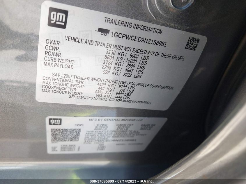 2022 CHEVROLET SILVERADO 1500 LTD LT 1GCPWCED9NZ158981