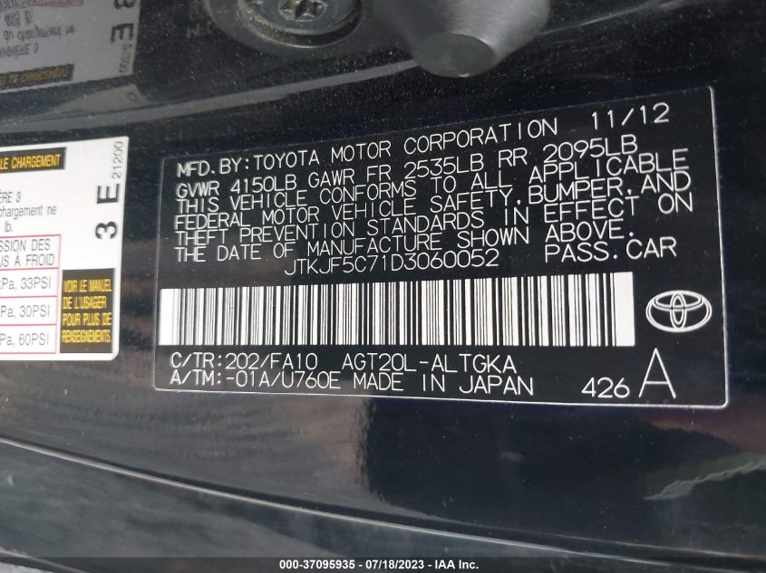 2013 TOYOTA SCION TC JTKJF5C71D3060052
