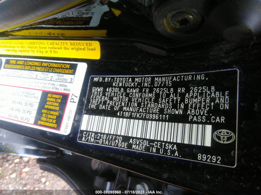 2015 TOYOTA CAMRY XLE/SE/LE/XSE - 4T1BF1FK7FU996111