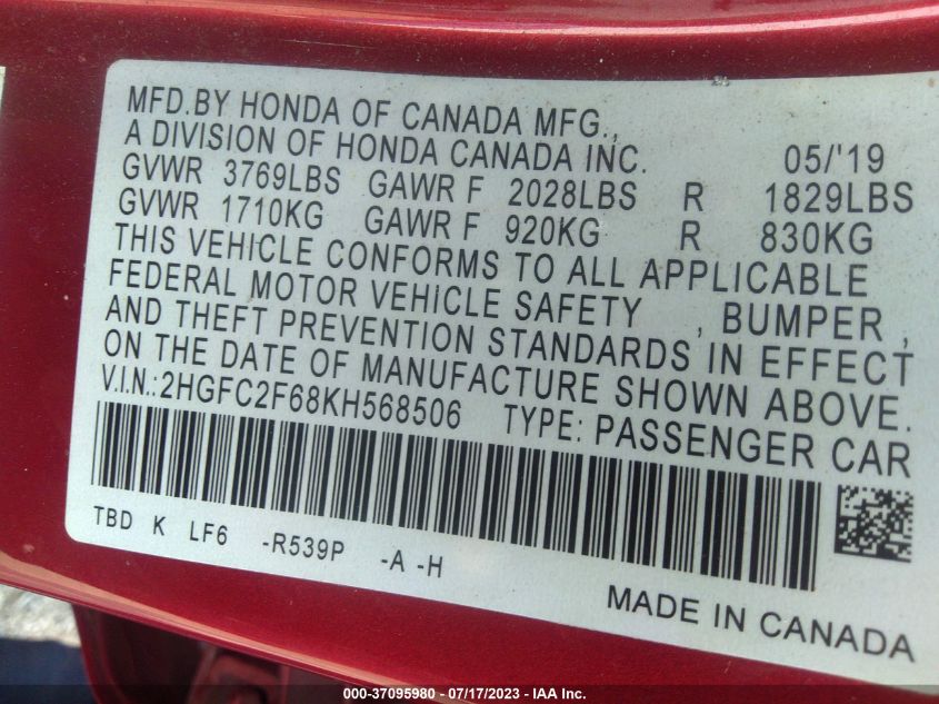 2019 HONDA CIVIC SEDAN LX - 2HGFC2F68KH568506