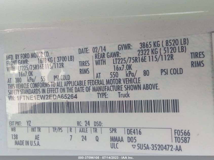 2014 FORD ECONOLINE CARGO VAN COMMERCIAL/RECREATIONAL 1FTNE1EW2EDA65264