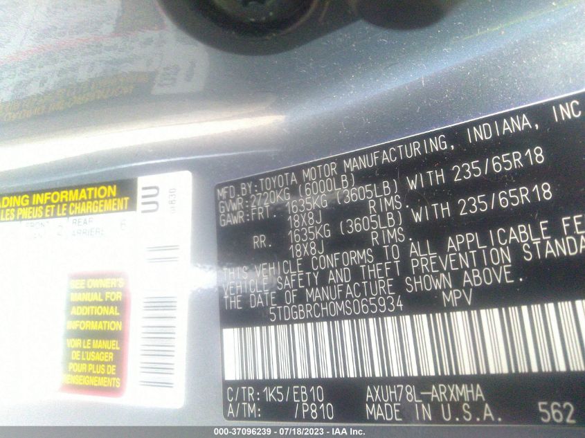 2021 TOYOTA HIGHLANDER HYBRID XLE - 5TDGBRCH0MS065934