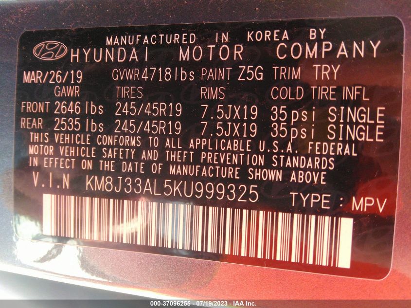 2019 HYUNDAI TUCSON NIGHT - KM8J33AL5KU999325