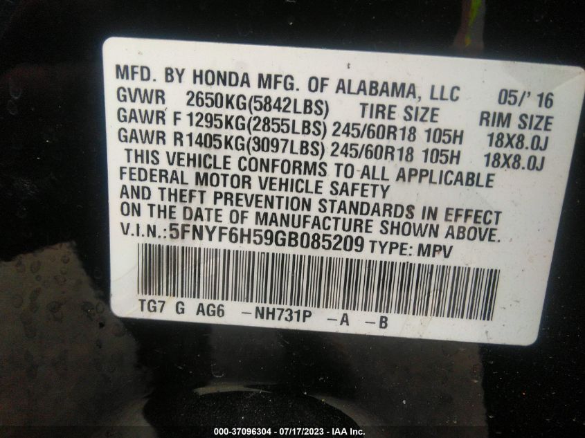 2016 HONDA PILOT EX-L - 5FNYF6H59GB085209