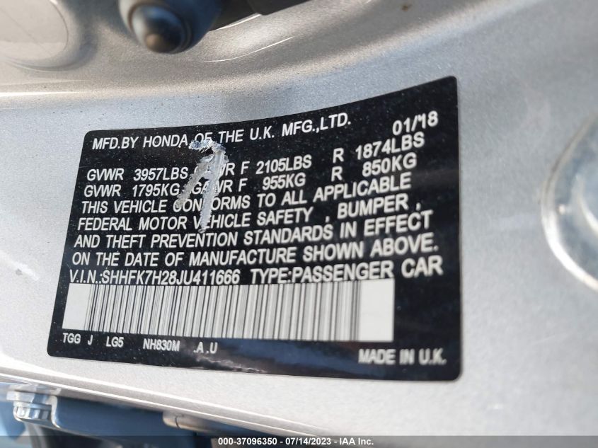 2018 HONDA CIVIC HATCHBACK LX - SHHFK7H28JU411666