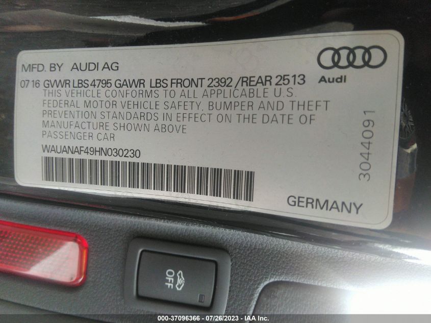 2017 AUDI A4 PREMIUM - WAUANAF49HN030230