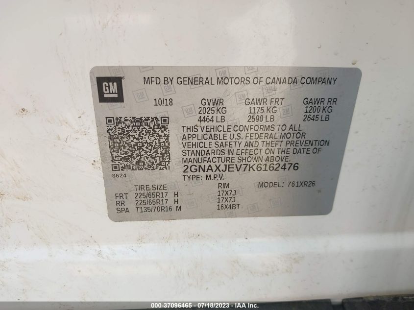 2019 CHEVROLET EQUINOX LT - 2GNAXJEV7K6162476