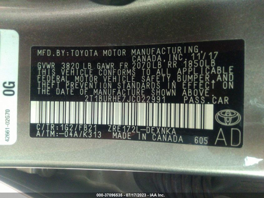 2018 TOYOTA COROLLA L/LE/XLE/SE/XSE - 2T1BURHE7JC022991