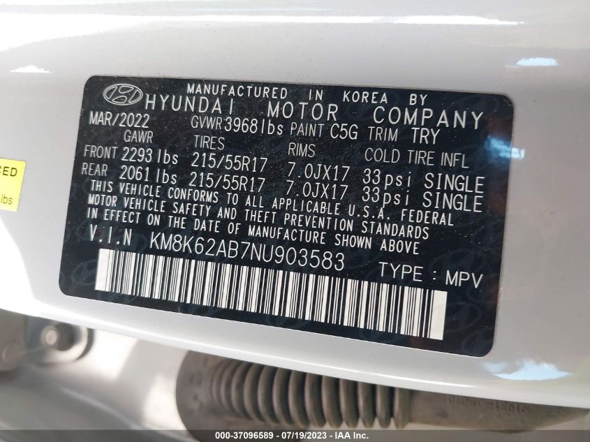 2022 HYUNDAI KONA SEL - KM8K62AB7NU903583