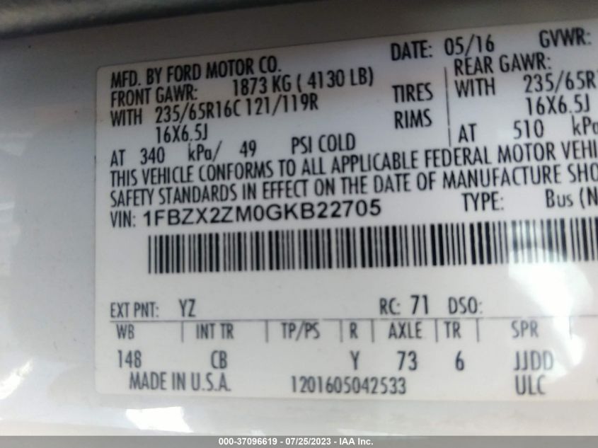 2016 FORD TRANSIT-350 XLT 1FBZX2ZM0GKB22705