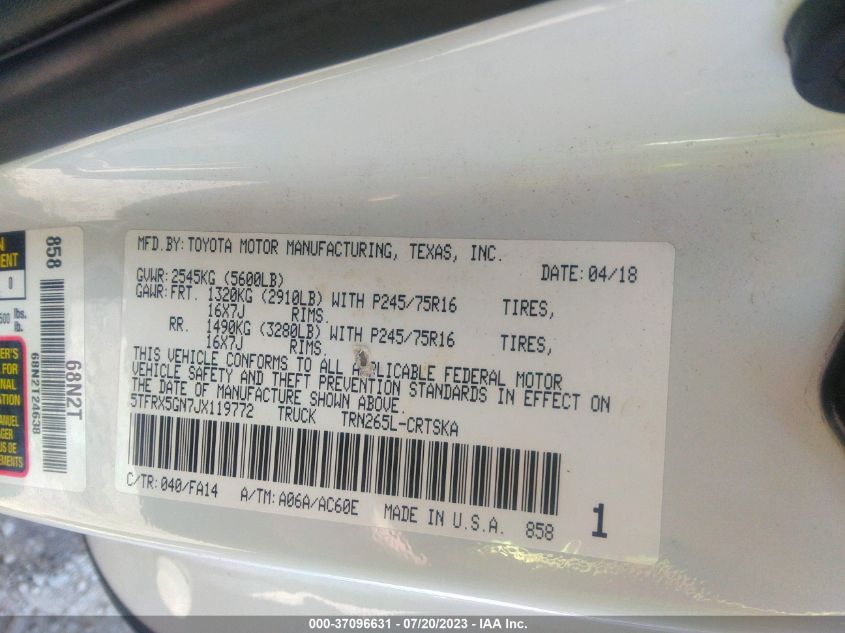 2018 TOYOTA TACOMA SR/SR5 - 5TFRX5GN7JX119772