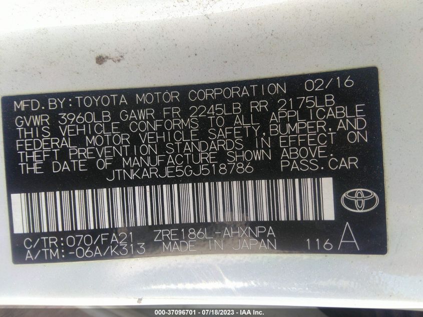 2016 TOYOTA SCION IM JTNKARJE5GJ518786