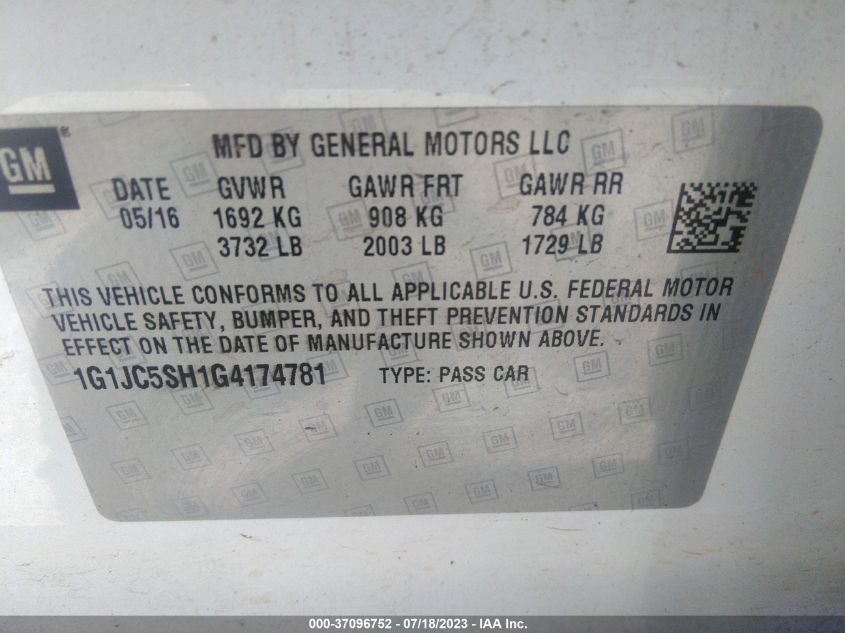 2016 CHEVROLET SONIC LT - 1G1JC5SH1G4174781