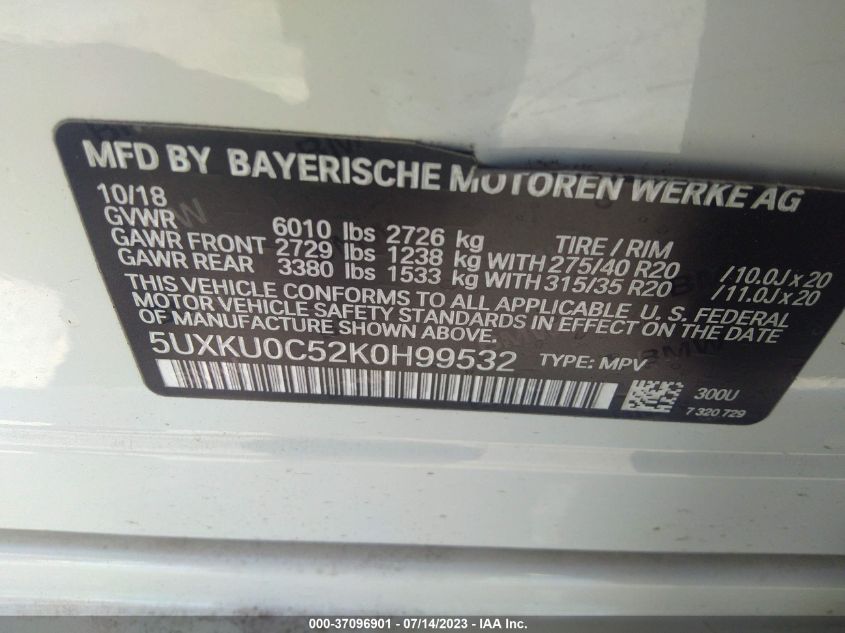 2019 BMW X6 SDRIVE35I - 5UXKU0C52K0H99532