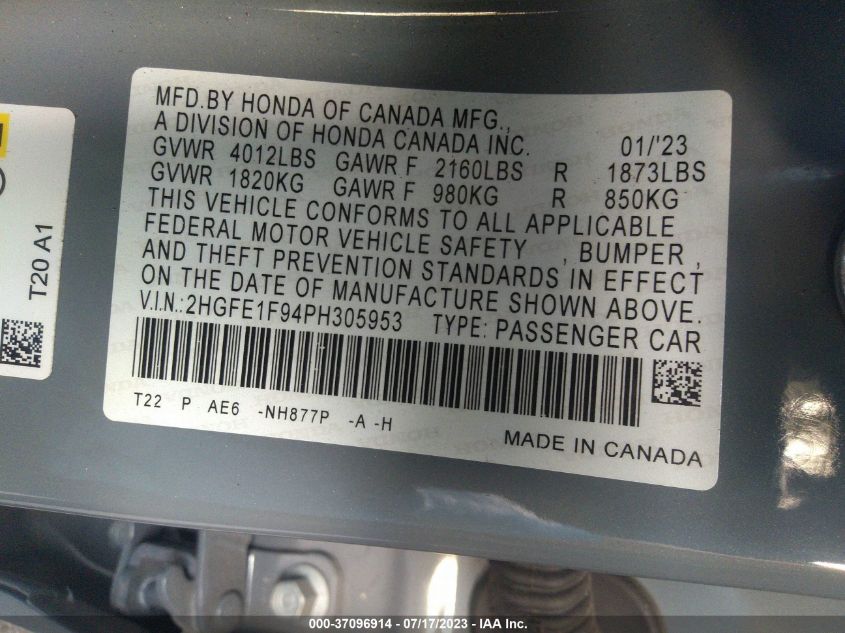 2023 HONDA CIVIC SEDAN TOURING - 2HGFE1F94PH305953