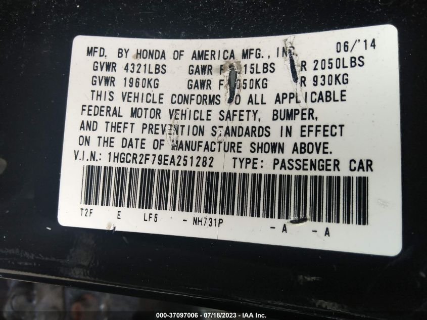 2014 HONDA ACCORD SEDAN EX - 1HGCR2F79EA251282