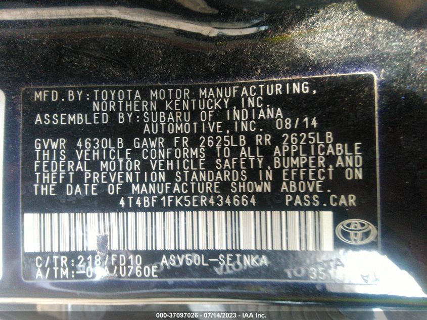 2014 TOYOTA CAMRY L/LE/XLE/SE/SE SPORT - 4T4BF1FK5ER434664
