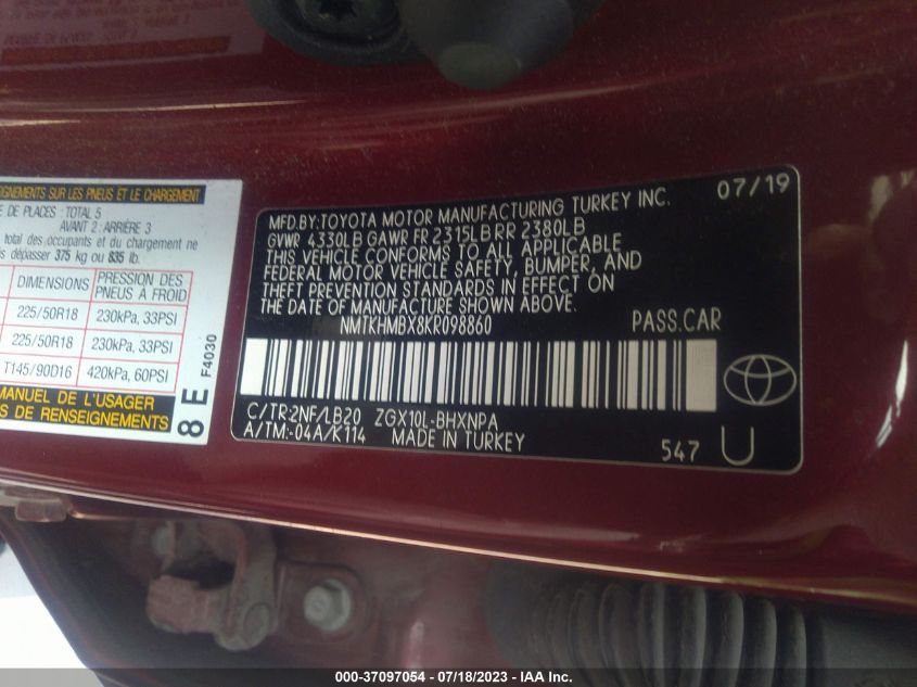 2019 TOYOTA C-HR XLE/LE/LIMITED - NMTKHMBX8KR098860