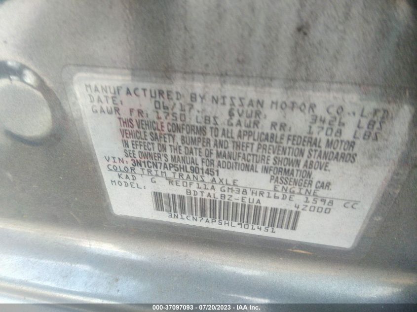 2017 NISSAN VERSA SEDAN SV - 3N1CN7AP5HL901451
