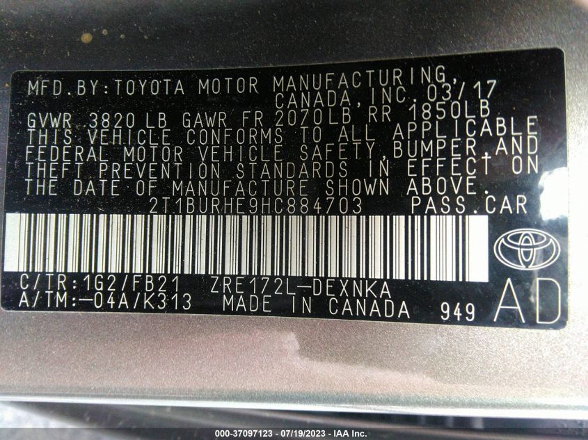 2017 TOYOTA COROLLA L/LE/XLE/SE - 2T1BURHE9HC884703