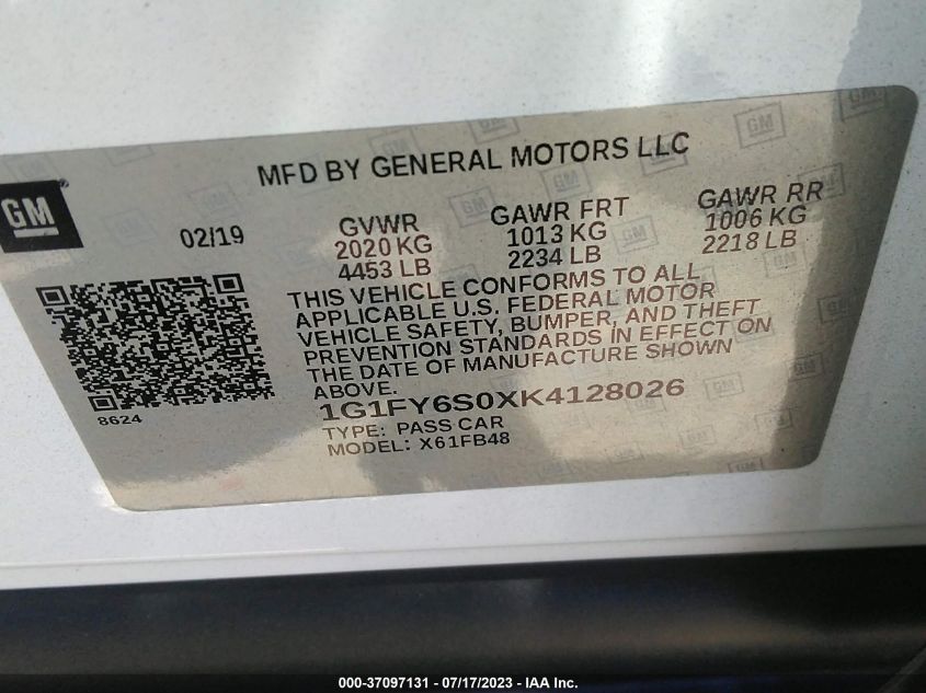 2019 CHEVROLET BOLT EV LT - 1G1FY6S0XK4128026