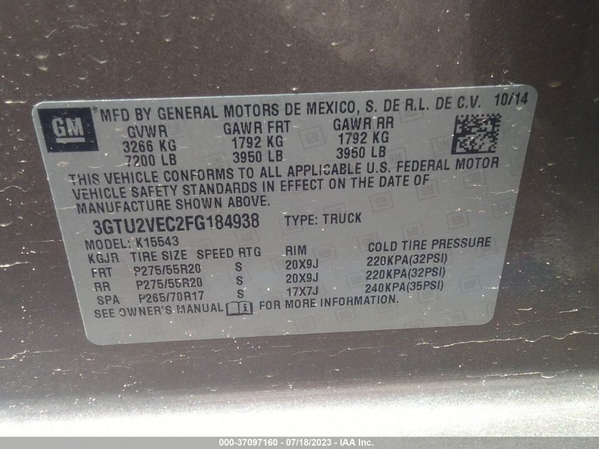 2015 GMC SIERRA 1500 SLT - 3GTU2VEC2FG184938