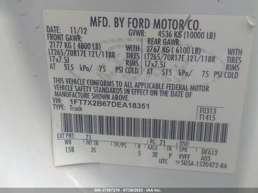 2013 FORD F-250 XLT - 1FT7X2B67DEA18351