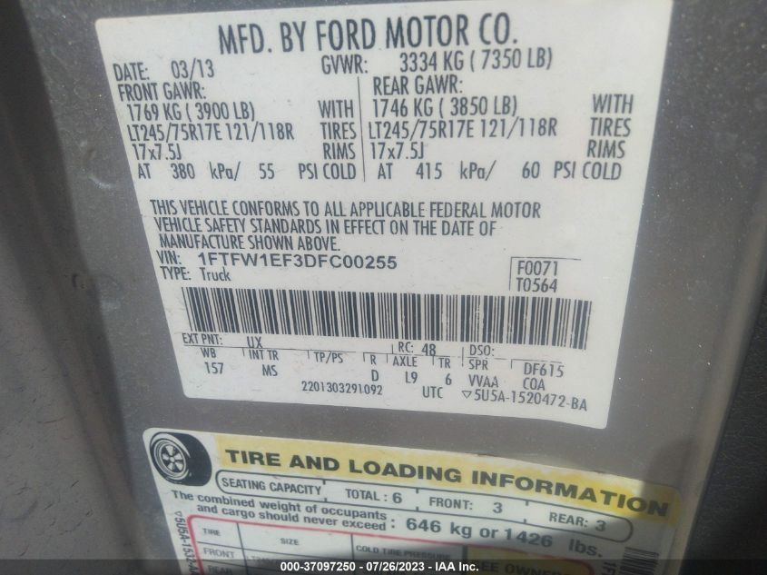 2013 FORD F-150 XL/XLT/FX4/LARIAT - 1FTFW1EF3DFC00255