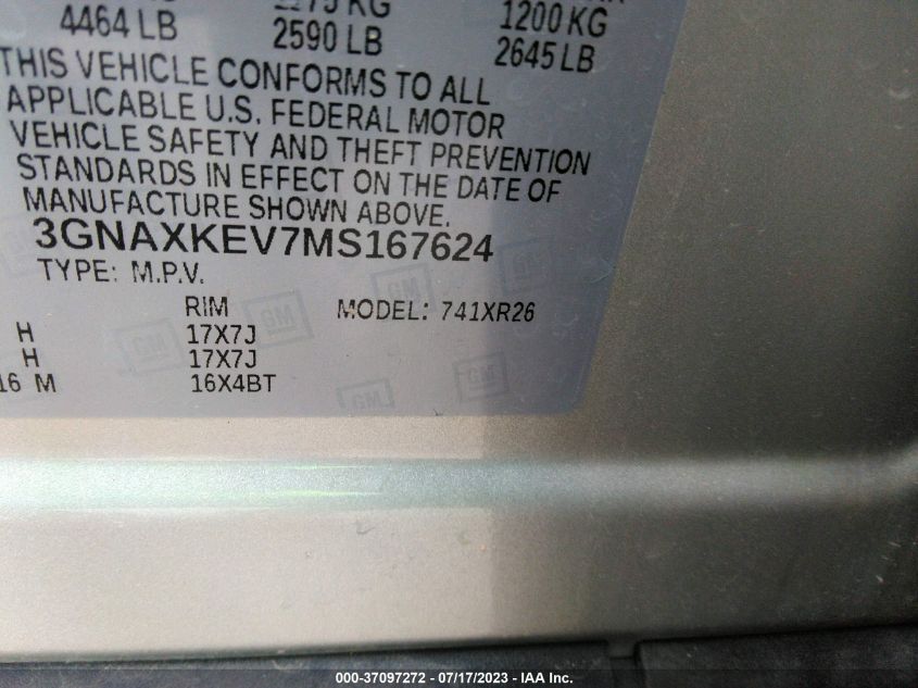 2021 CHEVROLET EQUINOX LT - 3GNAXKEV7MS167624