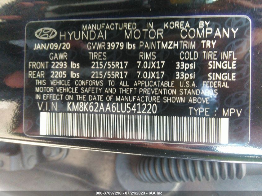 2020 HYUNDAI KONA SEL PLUS - KM8K62AA6LU541220