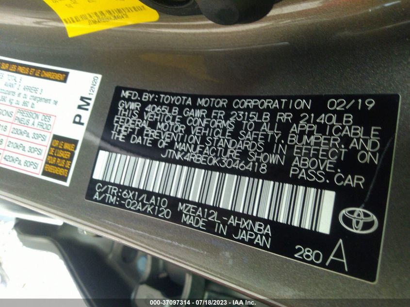 2019 TOYOTA COROLLA HATCHBACK SE/XSE JTNK4RBE0K3046418