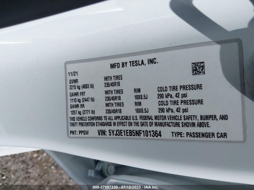 2022 TESLA MODEL 3 - 5YJ3E1EB5NF101364