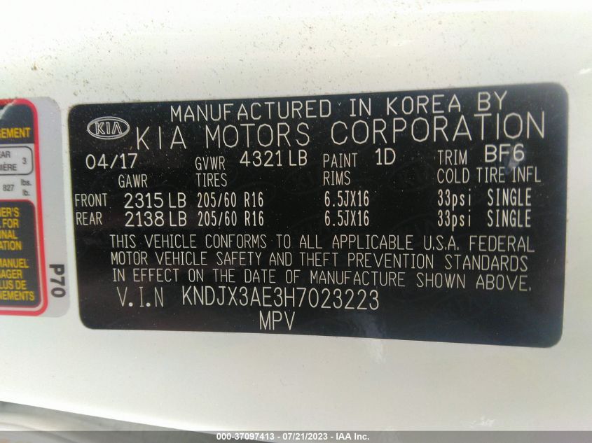 2017 KIA SOUL EV KNDJX3AE3H7023223