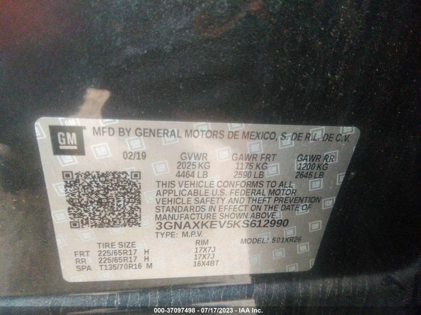 2019 CHEVROLET EQUINOX LT - 3GNAXKEV5KS612990