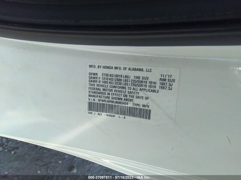 2018 HONDA ODYSSEY ELITE - 5FNRL6H92JB065424