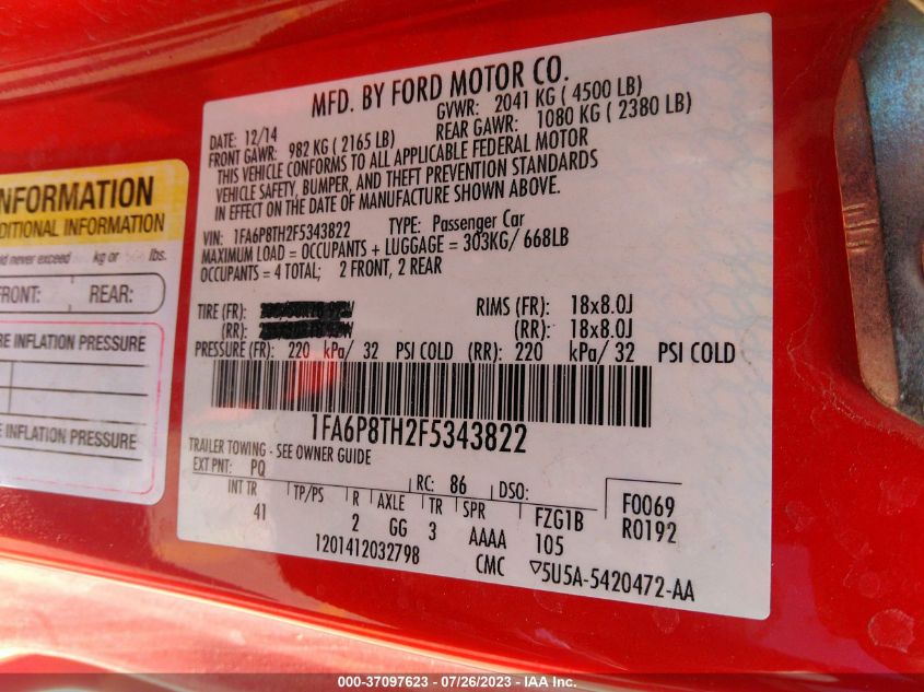 2015 FORD MUSTANG - 1FA6P8TH2F5343822