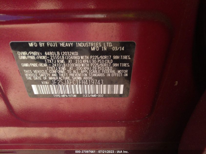 2015 SUBARU FORESTER 2.5I PREMIUM - JF2SJAFC1FH419743