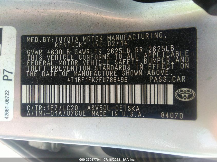 2014 TOYOTA CAMRY L/LE/XLE/SE/SE SPORT - 4T1BF1FK2EU786496