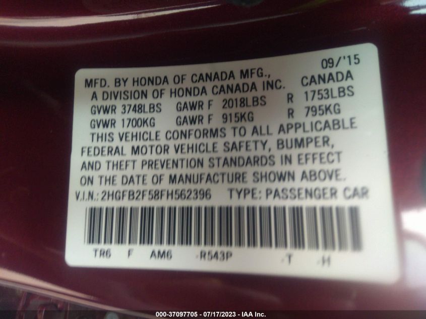 2015 HONDA CIVIC SEDAN LX - 2HGFB2F58FH562396