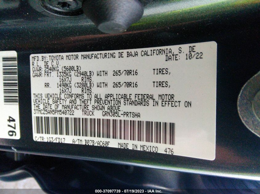 2023 TOYOTA TACOMA 4WD SR/SR5/TRD SPORT - 3TMCZ5AN5PM540722