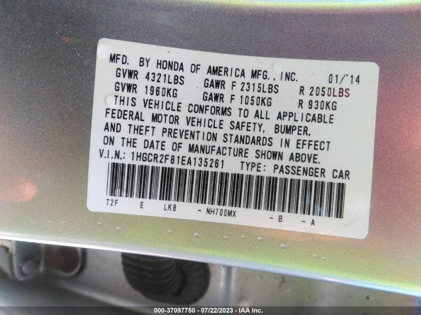 2014 HONDA ACCORD SEDAN EX-L - 1HGCR2F81EA135261
