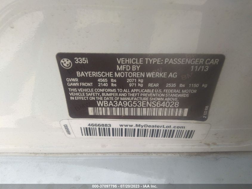 2014 BMW 3 SERIES 335I - WBA3A9G53ENS64028