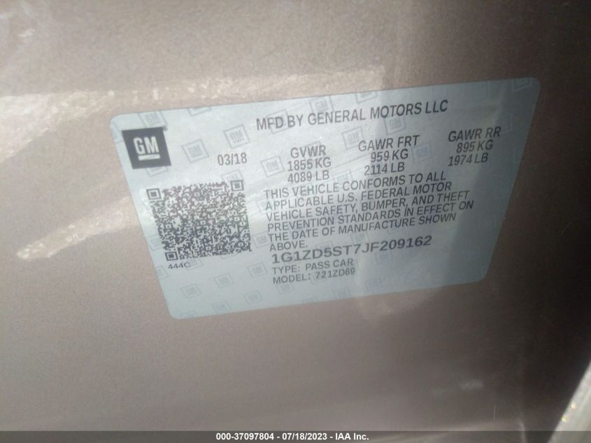 2018 CHEVROLET MALIBU LT - 1G1ZD5ST7JF209162