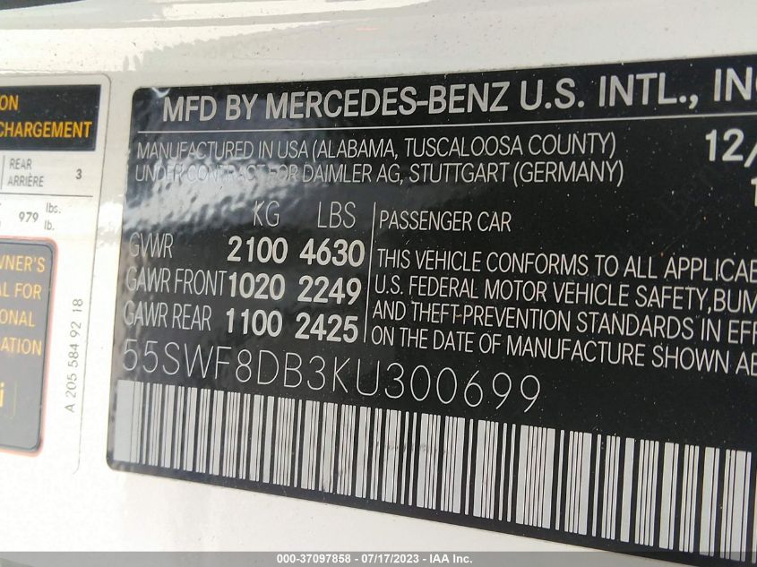 2019 MERCEDES-BENZ C-CLASS C 300 - 55SWF8DB3KU300699