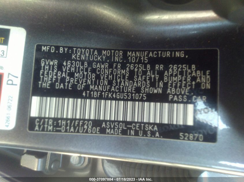 2016 TOYOTA CAMRY XLE/SE/LE/XSE - 4T1BF1FK4GU531075