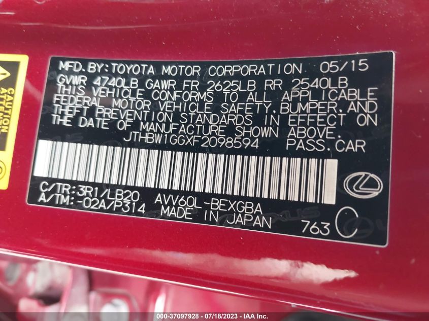 2015 LEXUS ES 300H HYBRID JTHBW1GGXF2098594